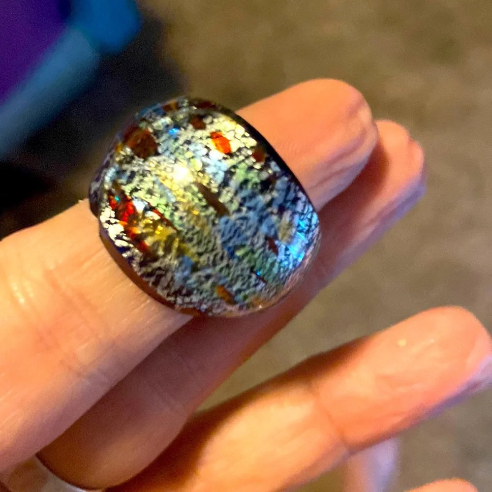 murano ring in domed design- blue and silver with orange sz 7
